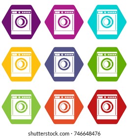 Washing machine icon set many color hexahedron isolated on white vector illustration