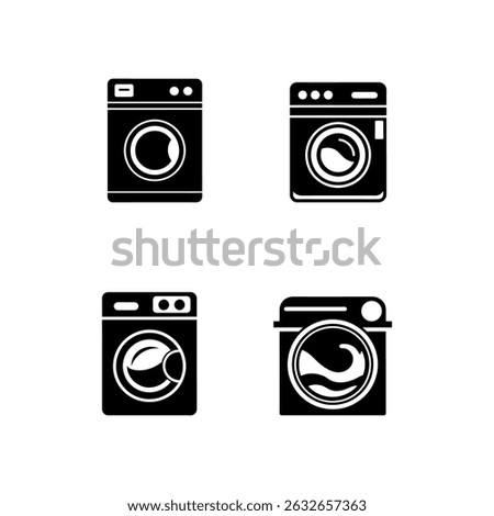 Washing Machine Icon and Silhouette Vector Set Flat Appliance Illustration Collection on White Background