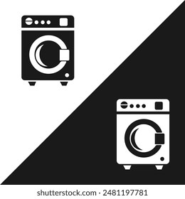 Waschmaschinen-Icon-Vektorillustration auf schwarz-weißem Hintergrund im flachen Design-Stil.