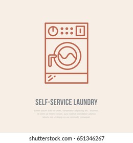 Washing machine icon, washer line logo. Flat sign for launderette service. Logotype for self-service laundry, clothing cleaning business