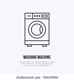 Washing machine icon, washer line logo. Flat sign for launderette service. Logotype for self-service laundry, clothing cleaning business or household appliances shop.