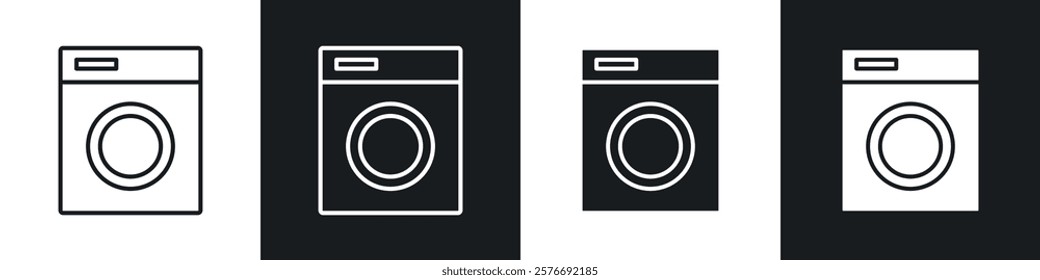 Washing machine icons collection in black and white solid and line style