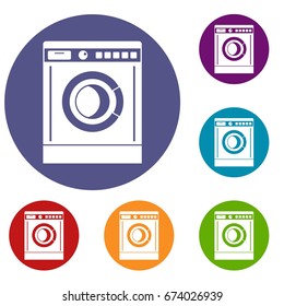 Washing machine icons set in flat circle reb, blue and green color for web