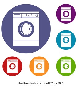 Washing machine icons set in flat circle red, blue and green color for web