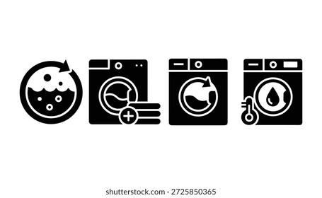Conjunto de iconos de lavadora. Vector de recursos gráficos para símbolos de lavandería, elementos de trabajo doméstico, servicio de limpieza y electrodomésticos.