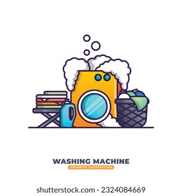 Washing Machine Illustration, Clean Laundry. Cute Vector Colorful Cartoon Design Element