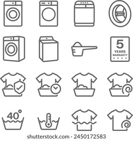 Waschmaschine Illustration Vektorgrafik Set. Enthält solche Icons wie Waschmittelpulver, Garantie, Trockner, Wäschetrockner und mehr. Bearbeitbarer Strich 