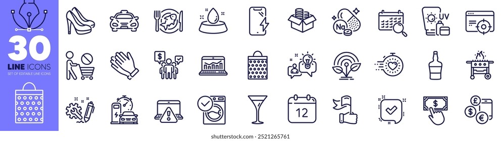 Washing machine, Incubator and Gas grill line icons pack. Timer, Shoes, Shopping bag web icon. Teamwork, Sodium mineral, Sunscreen pictogram. Online warning, Charging station, Seafood. Vector
