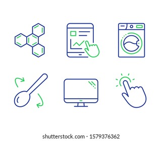 Washing machine, Internet report and Cooking spoon line icons set. Chemical formula, Computer and Touchpoint signs. Laundry, Web tutorial, Cutlery. Chemistry. Business set. Vector