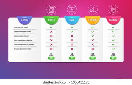 Washing machine, Internet and Restructuring icons simple set. Comparison table. Search file sign. Laundry service, Monitor with cursor, Delegate. Find document. Business set. Pricing plan. Vector