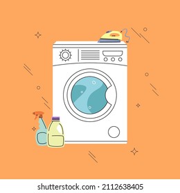 Washing machine with iron cartoon style illustration. Simple flat and line vector design. Laundry or housekeeping concept.