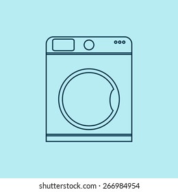 Washing machine. Isolated washing machine icon on background. Modern washing machine in white and blue colors. Bathroom interior element. Flat line style vector illustration. 