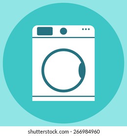 Washing machine. Isolated washing machine icon on background. Modern washing machine in white and blue colors. Bathroom interior element. Flat style vector illustration. 