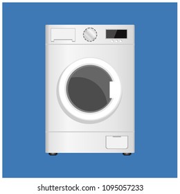 Washing machine isolated on blue background. Front view. Modern, realistic vector illustration of home appliances.