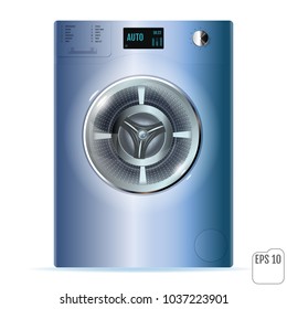 Washing machine isolated on white background. Front View of blue steel washer. Modern, realistic vector illustration of home appliances