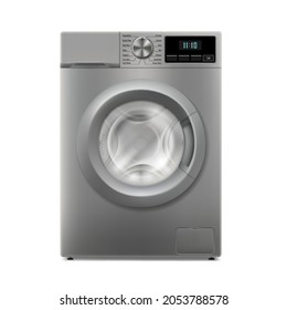 Washing machine isolated on white background. Front view, close-up. 3d realistic washing machine. The door opened. Home electronic device, household appliances for washing clothes at home. Silver auto