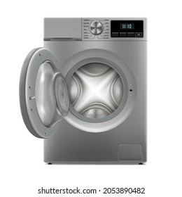 Washing machine isolated on white background. Front view, close-up. 3d realistic washing machine. The door opened. Home electronic device, household appliances for washing clothes at home. Silver auto