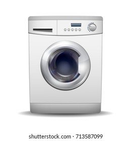 Washing machine isolated on white background. Front View of white steel washer. Modern, realistic vector illustration of home appliances