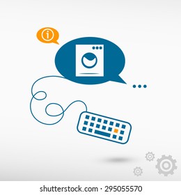 Washing machine and keyboard on chat speech bubbles. Line icons for application and creative process.