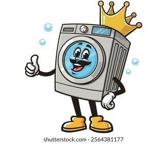 Washing Machine King,  Cartoon Character Mascot Illustration Vector Clip-art Hand-drawn Logo Design