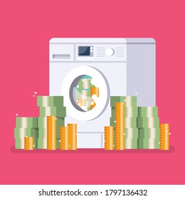 Washing machine laundering money. Business corruption concept. Vector illustration