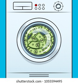 Washing machine laundering money pop art retro vector illustration. Isolated image on white background. Comic book style imitation.