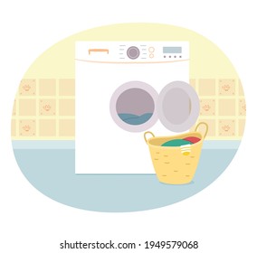 Waschmaschine mit Wäschestand. Korb voll von Kleidung in der Nähe von offener Waschmaschine in Badezimmer Vektorgrafik. Modernes Badezimmer Innenausstattung mit Technologie im Haus.