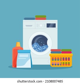 Washing machine, laundry basket and cleaning products. vector illustration in flat style. Eps 10