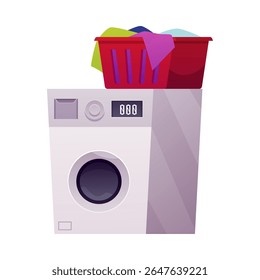 Washing machine and laundry basket with cloth. Modern laundromat, laundry, washing appliance for household chores. Bathroom equipment. Vector flat illustration isolated on white background