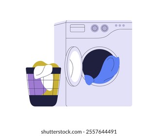 Washing machine with laundry basket. Domestic appliance, washer for cleaning dirty clothes, garment heap. Automatic equipment, housework device. Flat vector illustration isolated on white background