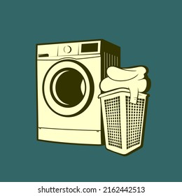 Washing Machine and Laundry Basket full of apparel isolated on dark background. Vector illustration