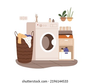 Lavadora, cesta de lavado, mobiliario para toallas y depósito de detergentes. Lavadora eléctrica, secadora de equipos en el moderno diseño interior del hogar. Ilustración vectorial plana aislada en fondo blanco