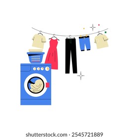 Washing Machine With Laundry Basket And Hanging Clothes In Flat Vector Illustration Symbolizing Home Laundry Service, Washing, And Garment Care, Isolated On White Background.