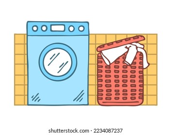 Washing machine and laundry basket. Household appliances for washing linen and clothes. Cartoon vector illustration isolated on a white background. Hand drawn outline
