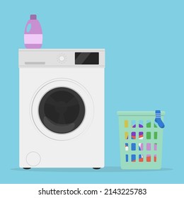 Washing machine, laundry basket and liquid laundry detergent, on a blue background.