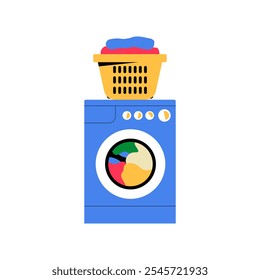 Lavadora Con Cesta De Lavandería En La Parte Superior En Ilustración vectorial Plana Que Simboliza Las Tareas Domésticas Y La Organización De Lavandería, Aislada Sobre Fondo Blanco.