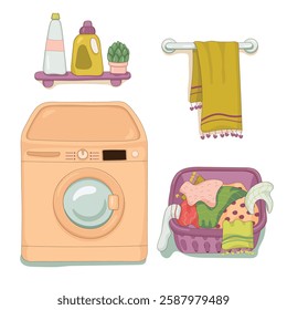 Washing machine, laundry basket, shelf with bath accessories, hanger with towel isolated on white background. Home textiles, linen, shampoos, washing powder. Laundry in cartoon style. Bathroom. Vector