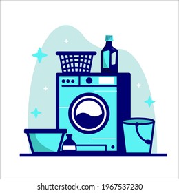 Washing machine with laundry basket vector line icon. Washing machine with dirty clothes outline illustration.