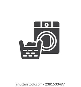 Icono vectorial de la lavadora y la cesta de lavado. signo plano relleno para concepto móvil y diseño web. Icono de glifo de servicio de lavandería. Símbolo de la lavandería, ilustración del logotipo. Gráficos vectoriales