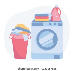 Washing Machine With Laundry Basket. Washer With Dirty Clothes. Flat Vector Illustration On A White Background.