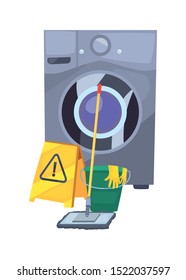 washing machine laundry bucket mop warning sign cleaning products vector illustration