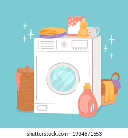 Washing machine and laundry. Cartoon washer, linen baskets and cleaning products, soap powder and conditioner. Clothing wash vector concept