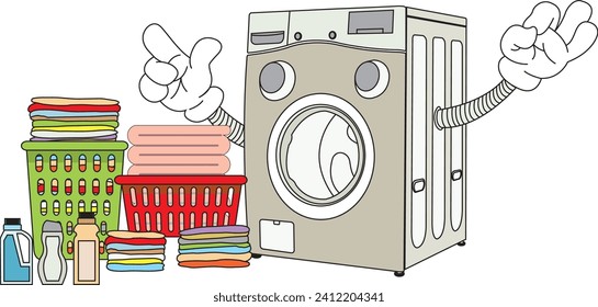 Lavadora con vectores de ropa de lavado e ilustración de dibujos animados en forma de dibujos animados planos