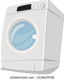 Washing machine with laundry, lots of soap and soap bubbles