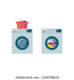 Washing machine washing laundry on white background, household appliances concept