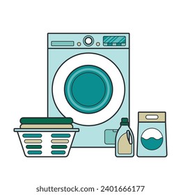 Washing machine, laundry powder and air conditioner, basket. Colored flat illustration