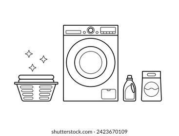 Washing machine, laundry powder and air conditioner, basket. Editable stroke illustration