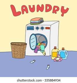 washing machine in  laundry room being used, basket and detergent container