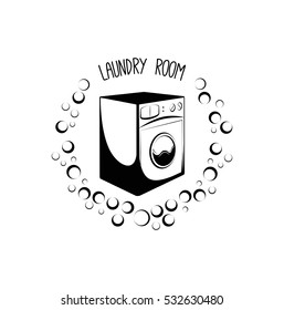 Washing Machine. Laundry Room And Dry Cleaning label and badge. Isolated On White Background