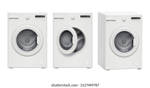 Washing machine. Laundry service technics hygiene items decent vector realistic washing machine